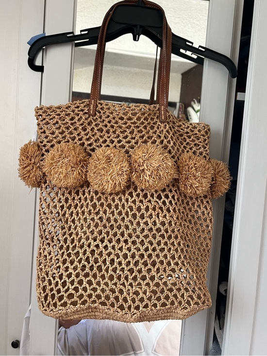 Mar Y Sol Handbags - Mar Y Sol Tan Pom-Pom Tote Bag with Brown Handles